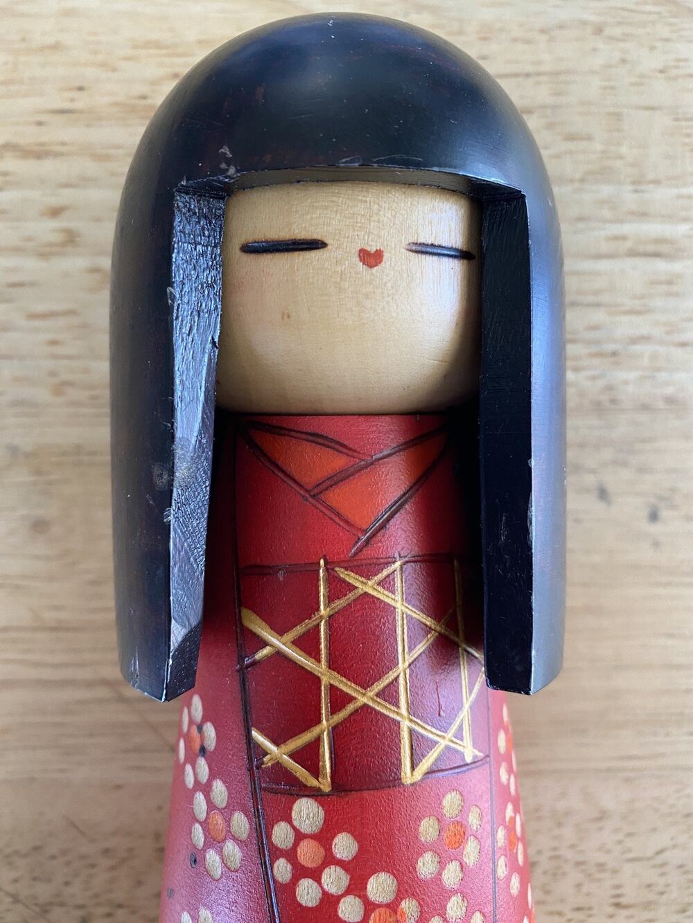 JAPANESE KOKESHI DOLL by Kazu Wooden Red Orange Gold Floral Kimono Stamp